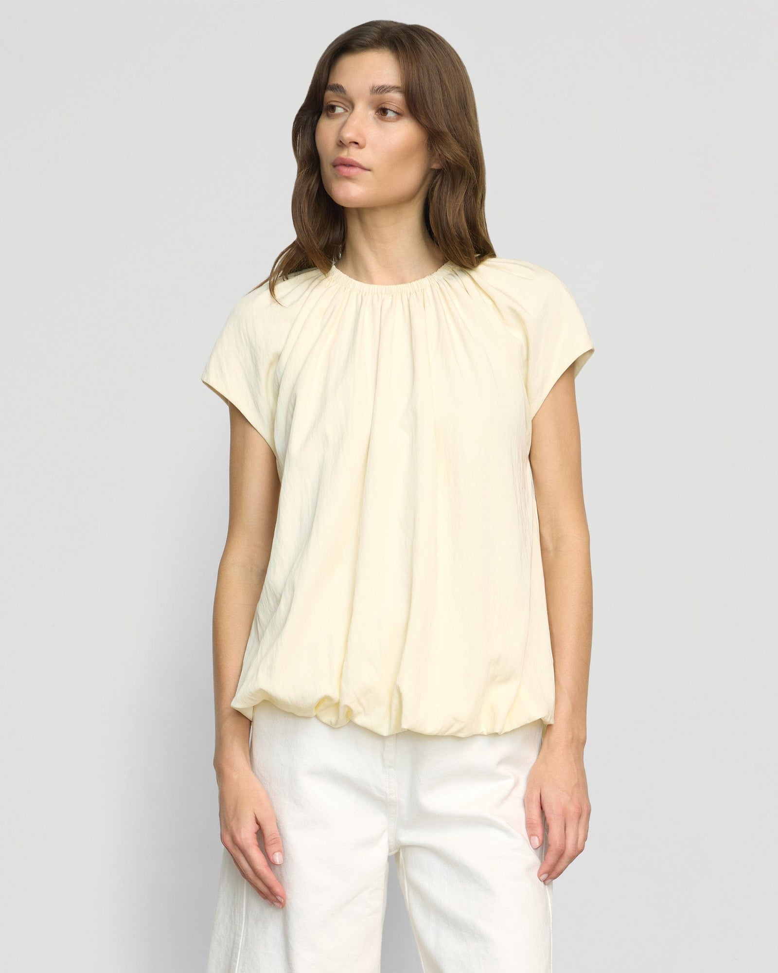 Renee | Orinda Shirred-Neck Bubble-Hem Blouse in Size Small