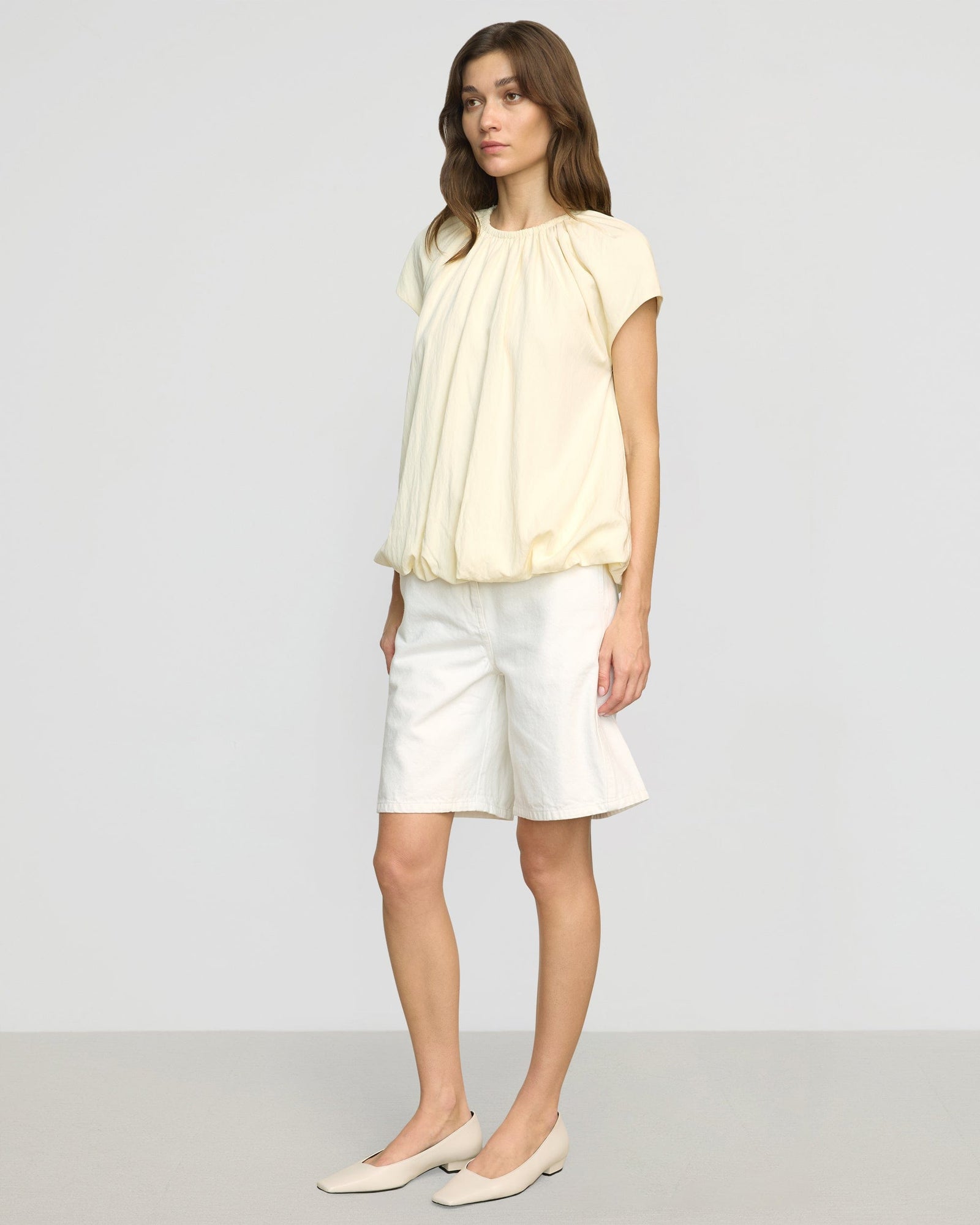 Renee | Orinda Shirred-Neck Bubble-Hem Blouse in Size Small