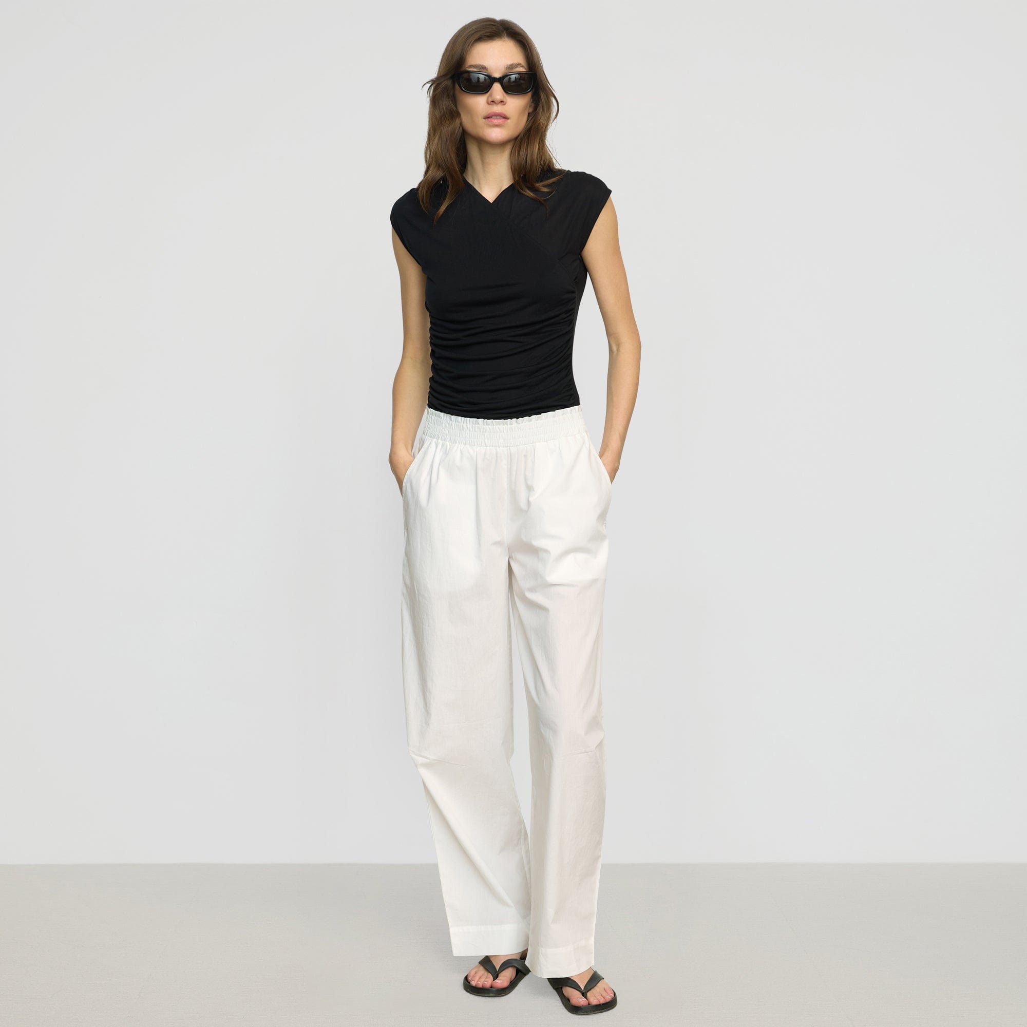 Paula Smocked-Waist Organic Cotton Pant | Soft White