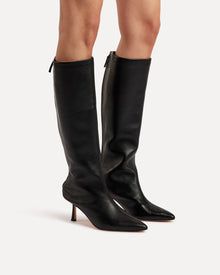 A black leather calf boot with heel