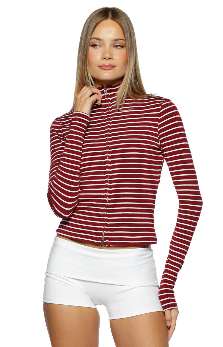 Poppi Double Zip Sweater | Burgundy Stripe