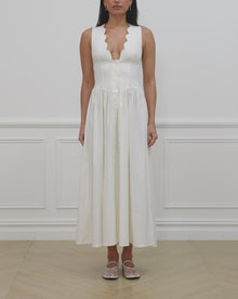 Button Front Scallop Dress | White