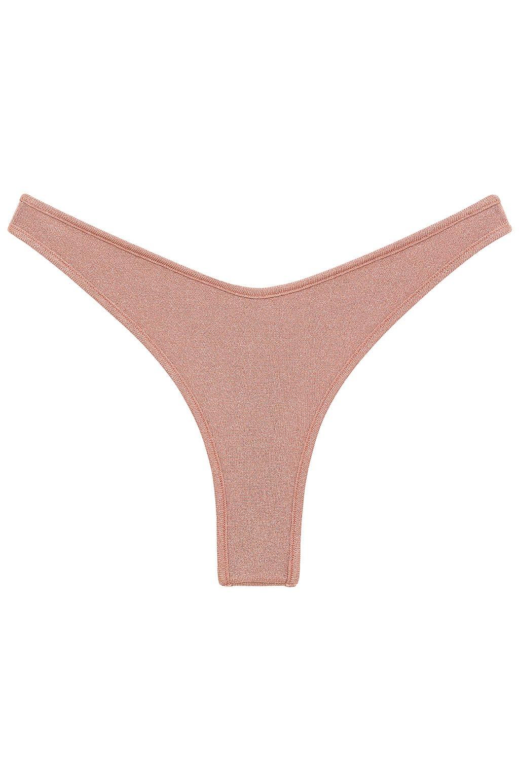 Pink sparkle thong bikini bottom with bound edges and narrow side straps.