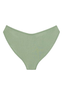 Sage green ribbed bikini bottom with high-waisted cut and full coverage.