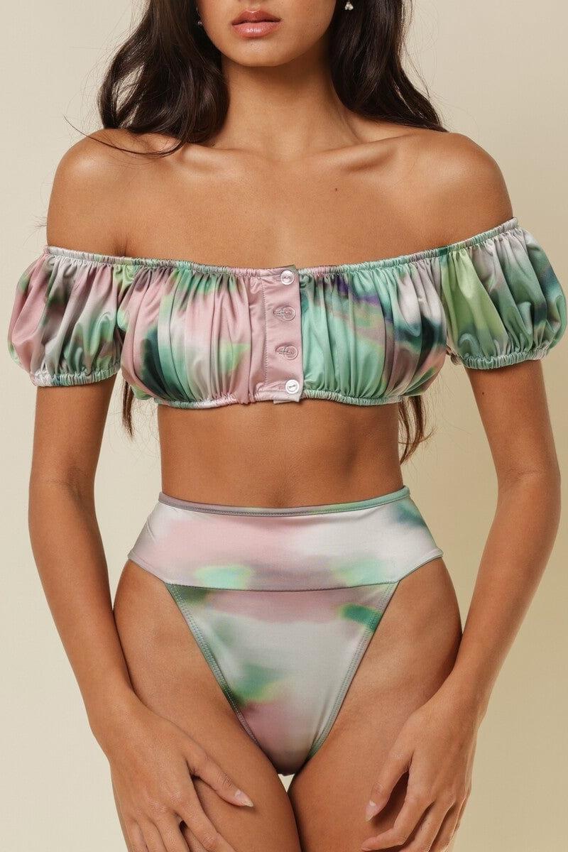 Off-shoulder bikini top with pink and green tie-dye pattern, featuring puffed sleeves and button front closure.