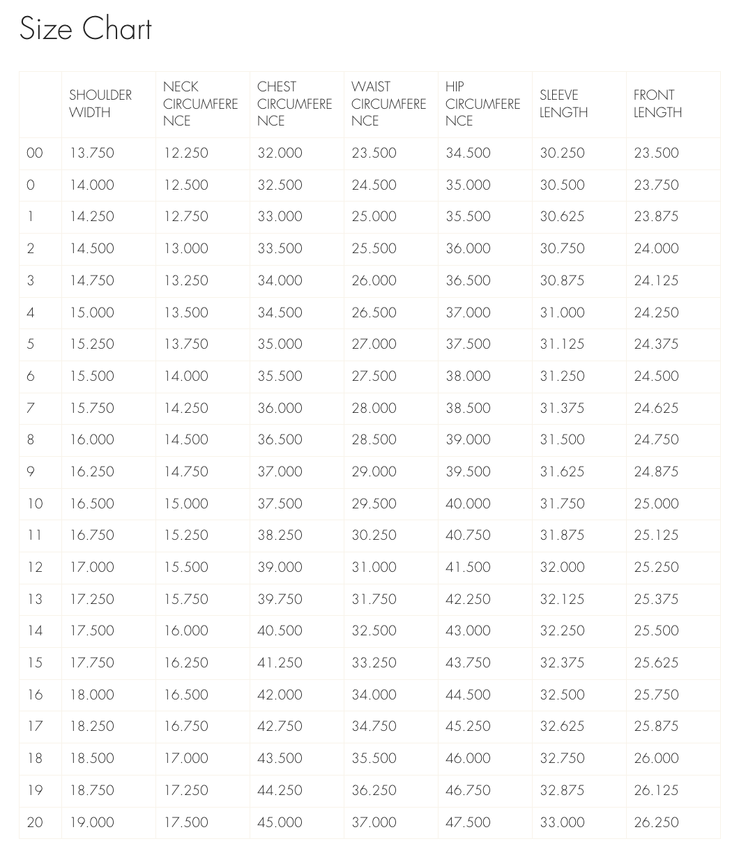 Product size guide