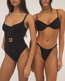 Adjustable Ruched Crepe Knit Bikini Bottom | Black