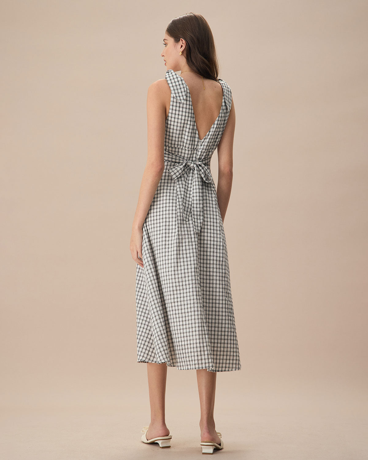 The Black Plaid Tie Strap Midi Dress Dresses - RIHOAS