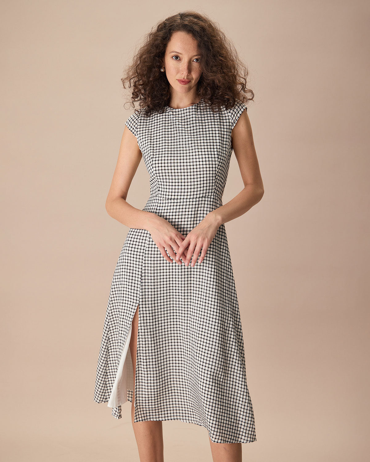 The Black Round Neck Cap Sleeve Plaid Midi Dress Black Dresses - RIHOAS