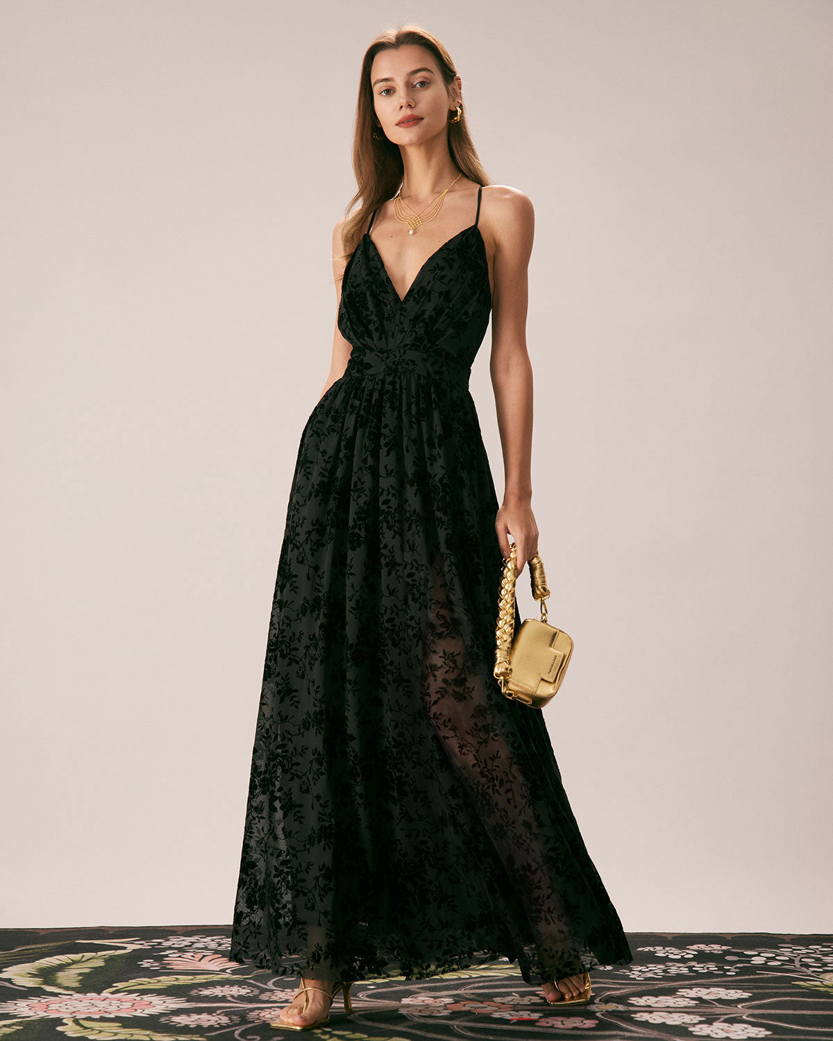 The Floral Flocked Slit Maxi Dress Dresses - RIHOAS