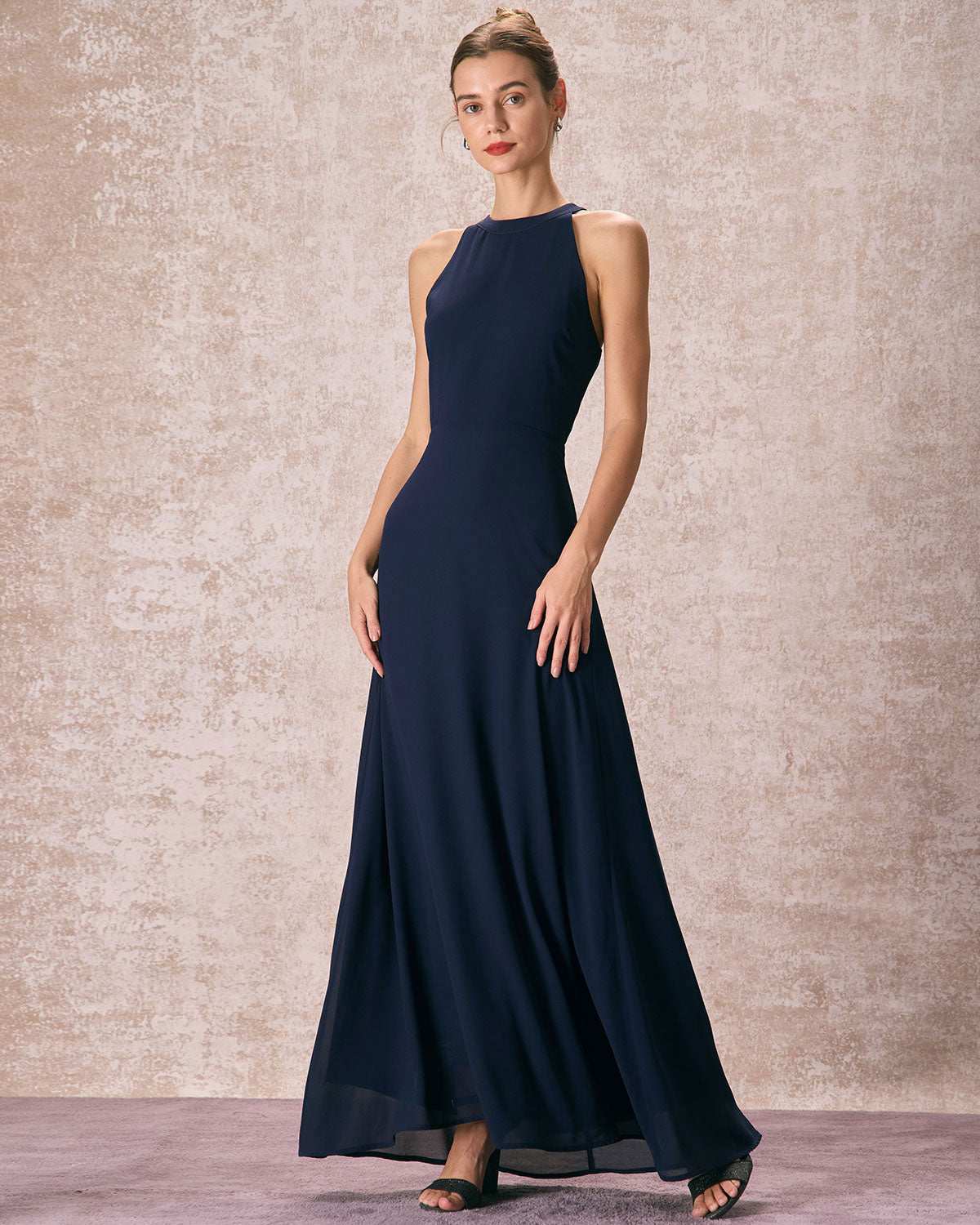 The Halter Neck Backless Maxi Dress Navy Dresses - RIHOAS