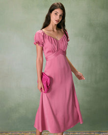 The Pink Ruched Satin Midi Dress Dresses - RIHOAS