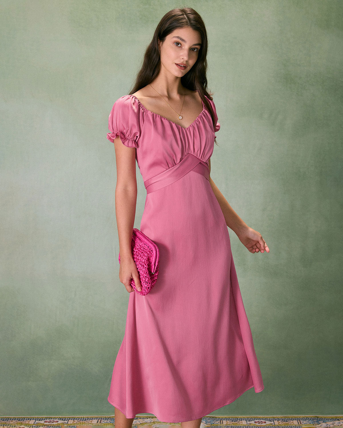 The Pink Ruched Satin Midi Dress Dresses - RIHOAS