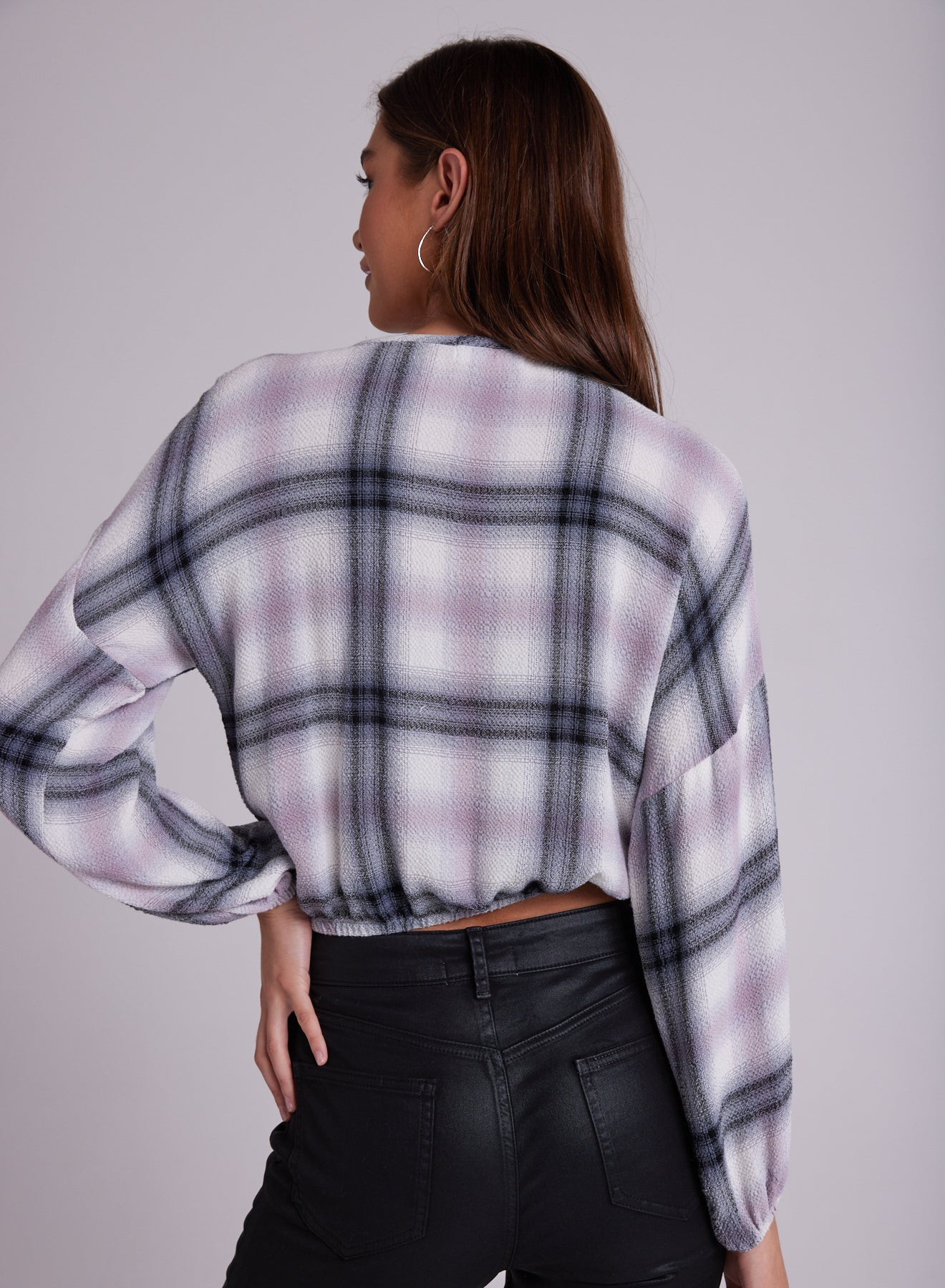 Tie Up Pullover Top - Mauve Rose Plaid