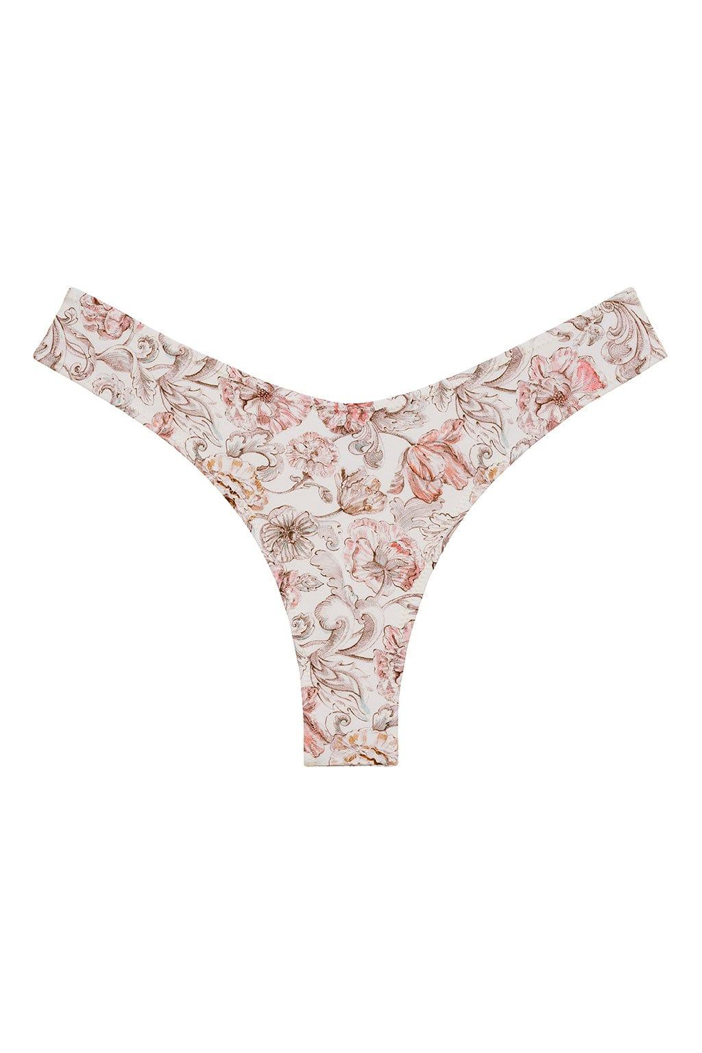 Cream and pink floral print bikini bottom with zig-zag stitched edges and high-leg coverage design.