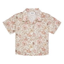 Short-sleeved button-down shirt with cream base and pink, brown, and tan floral print throughout.