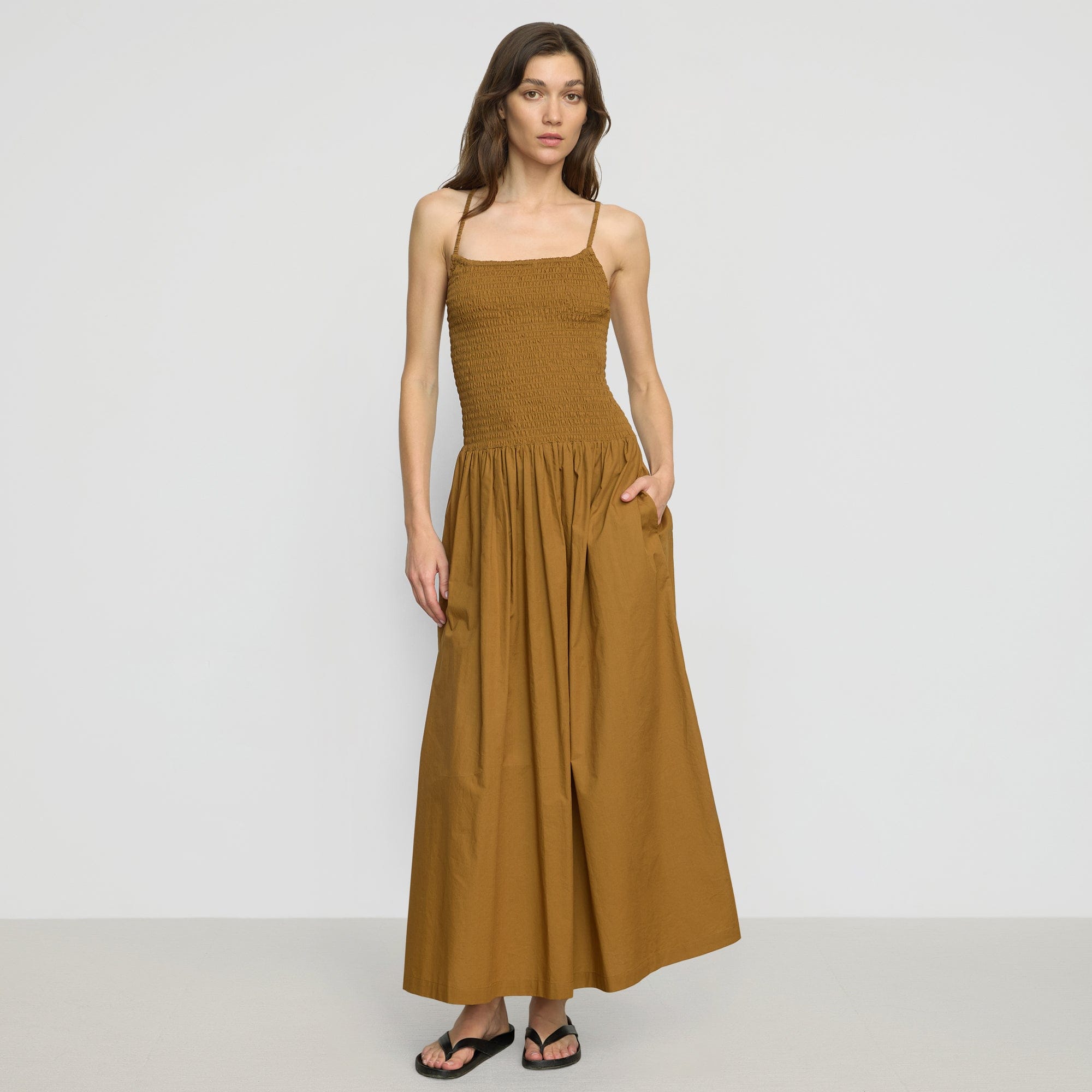 Venus Smocked Organic Cotton Midi Dress | Light Ochre