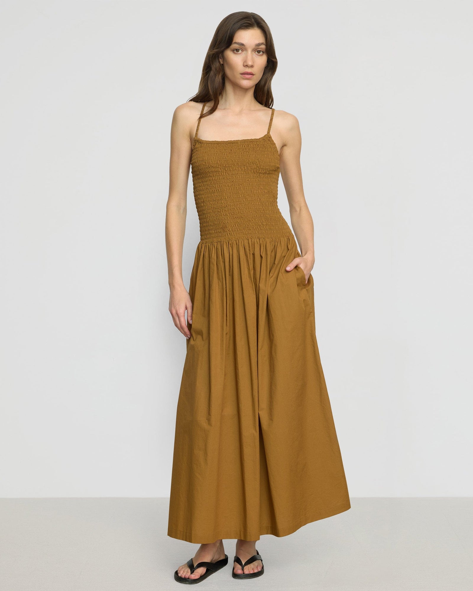 Renee | Venus Smocked Organic Cotton Midi Dress in Size Small