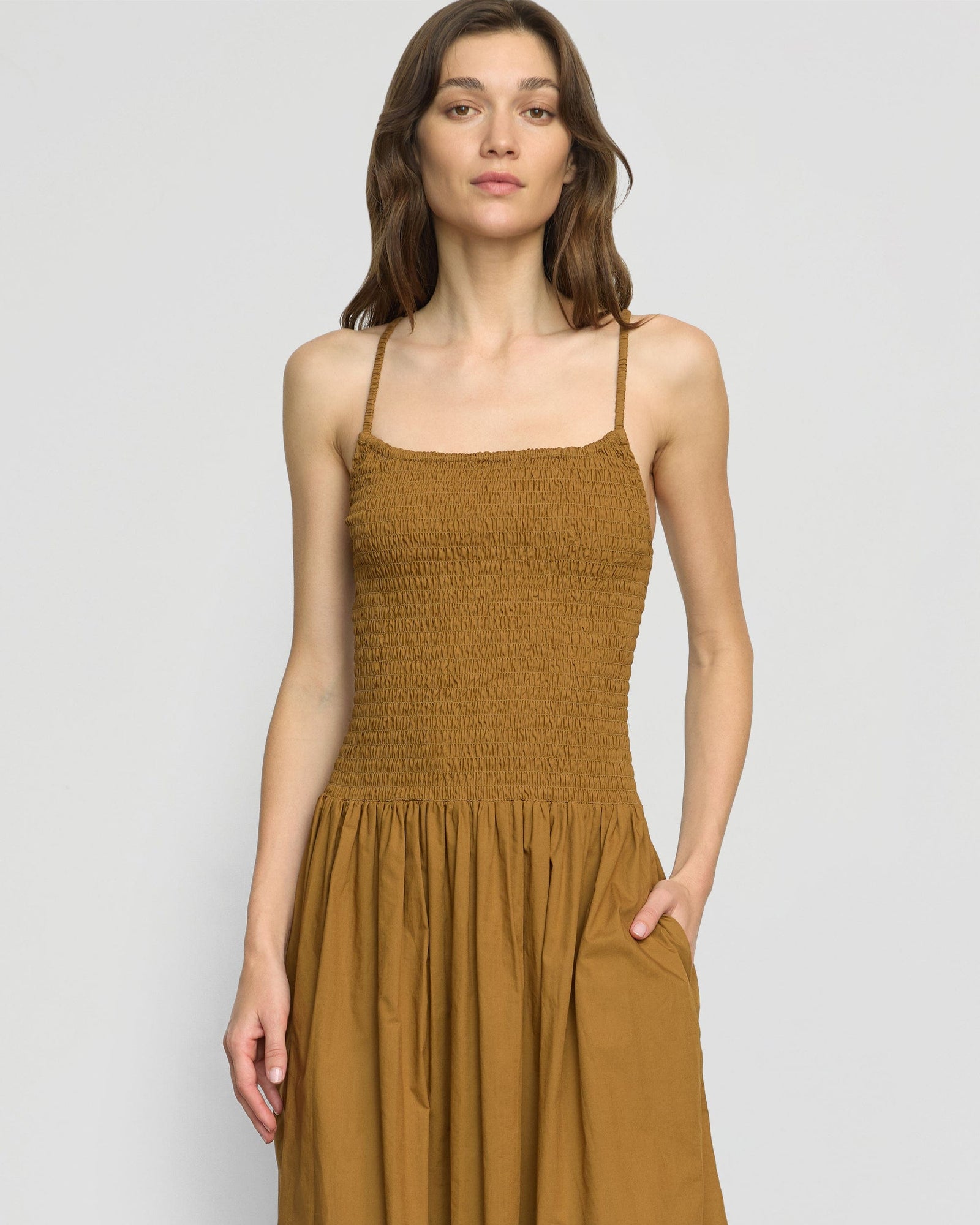 Renee | Venus Smocked Organic Cotton Midi Dress in Size Small
