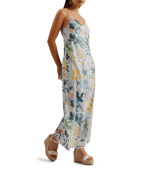 Women | Printed Slip Midi Dress | White Pink