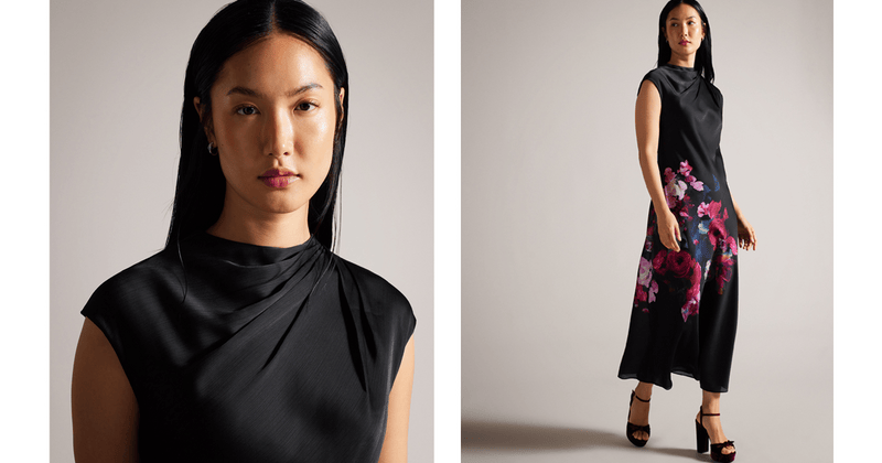 Women | Slip Midi Dress With Drap | Black (V2)