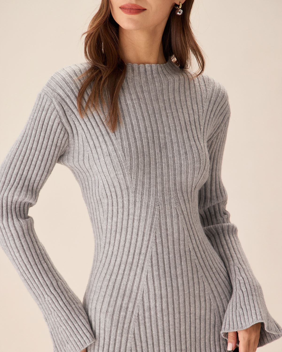 Grey Crew Neck Bell Sleeve Sweater Dress