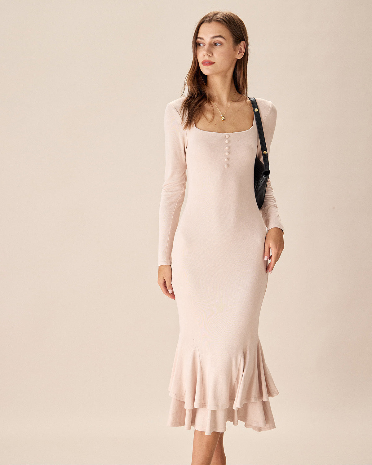 Apricot Square Neck Mermaid Midi Dress