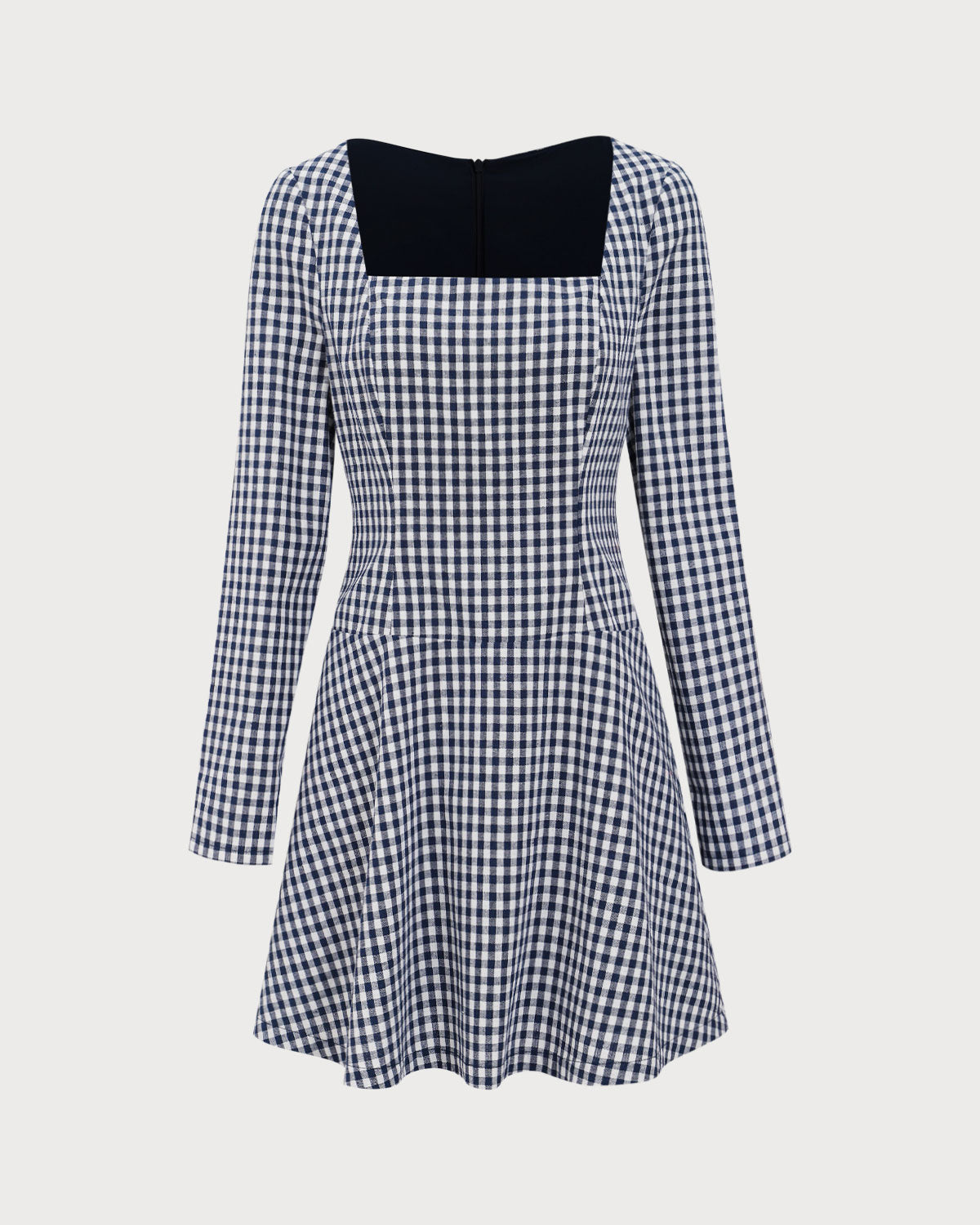 Navy Square Neck Plaid Mini Dress