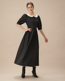 Black Contrasting Puffed Sleeve Maxi Dress