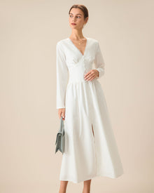 Women's White Ruched Button Maxi Dress