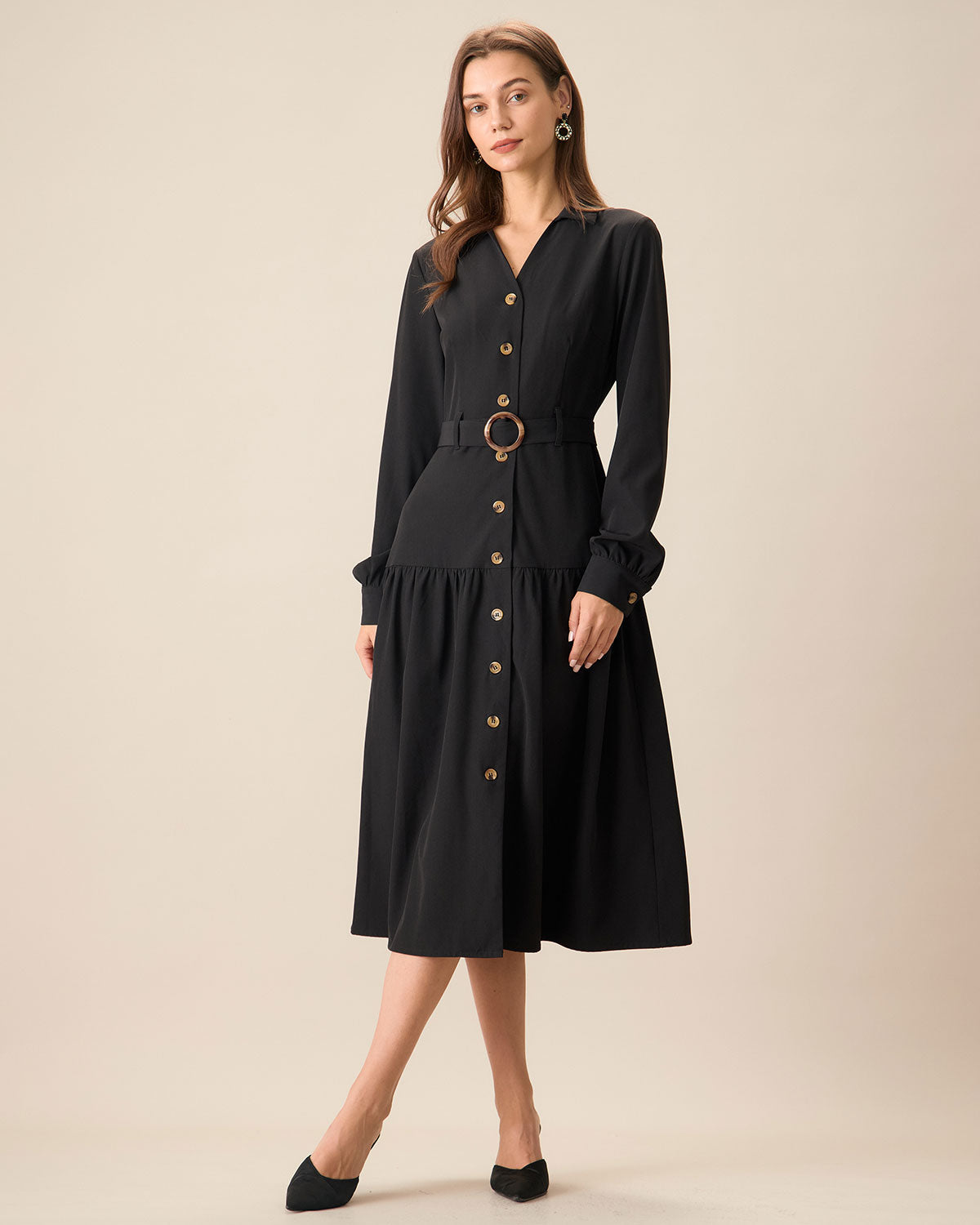 Women's Black V Neck Belted Midi Dress