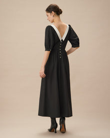 Black Contrasting Puffed Sleeve Maxi Dress