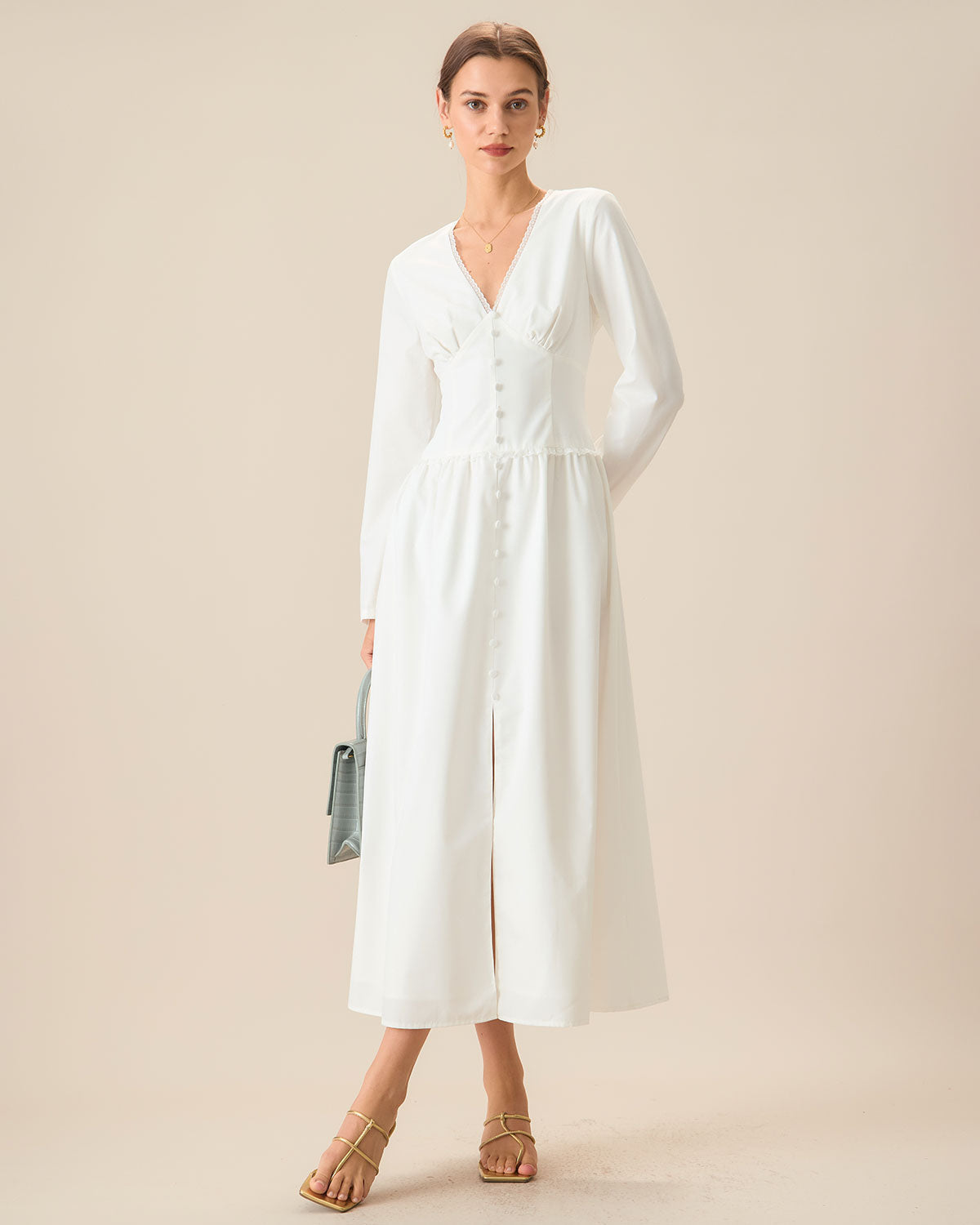 Women's White Ruched Button Maxi Dress