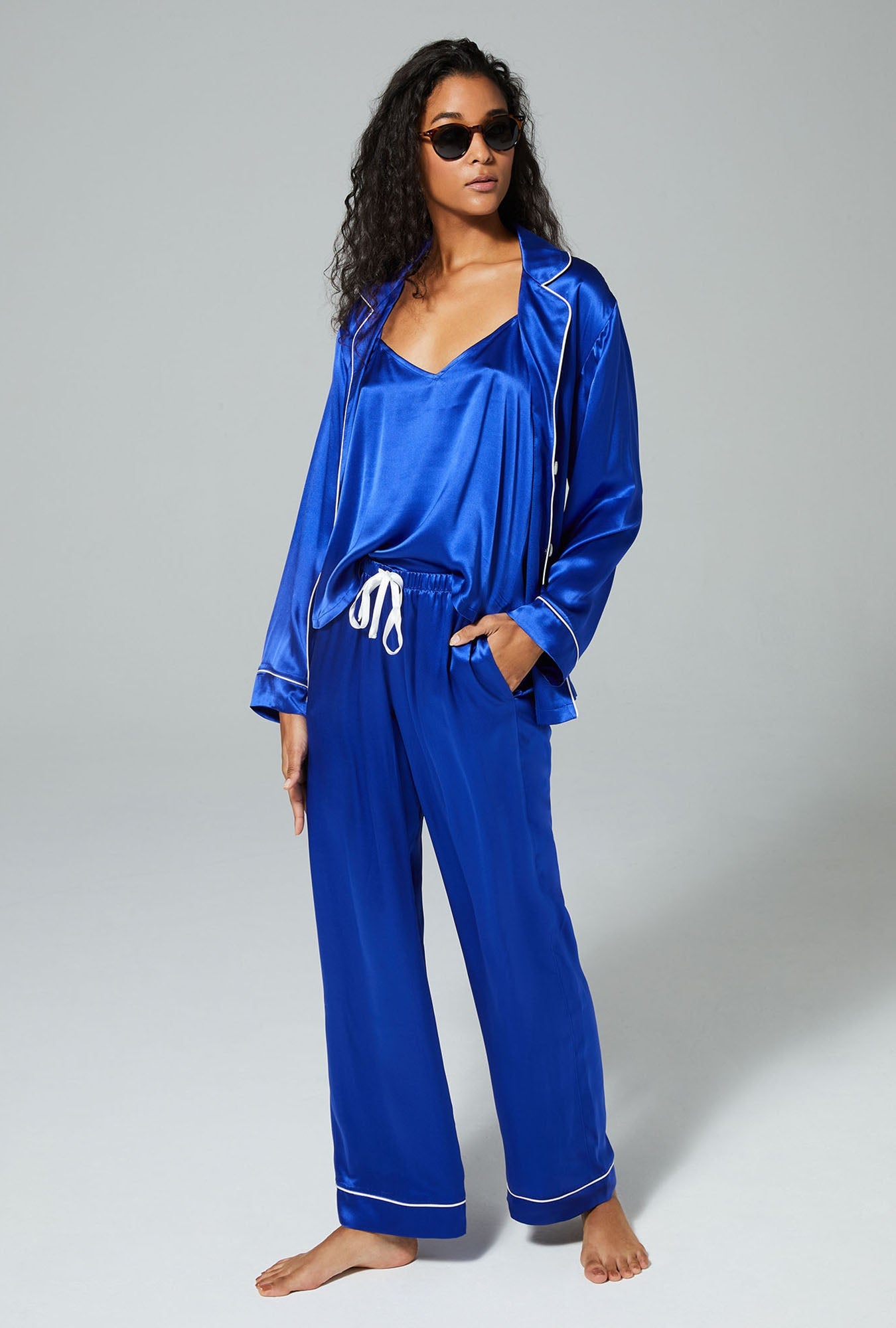 Women's Mid Blue 3 Piece Long Sleeve Classic Washable Silk PJ Set