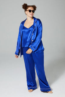 Women's Mid Blue 3 Piece Long Sleeve Classic Washable Silk PJ Set