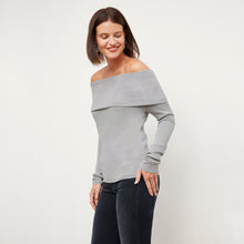 Front image of a woman wearing the Dae Top in Pale Gray