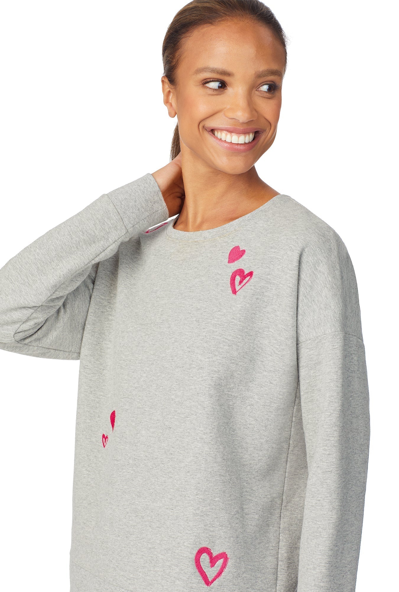 Women's Mon Amour Long Sleeve Crew Embroidered Top and Jogger Organic Cotton French Terry Lounge Set