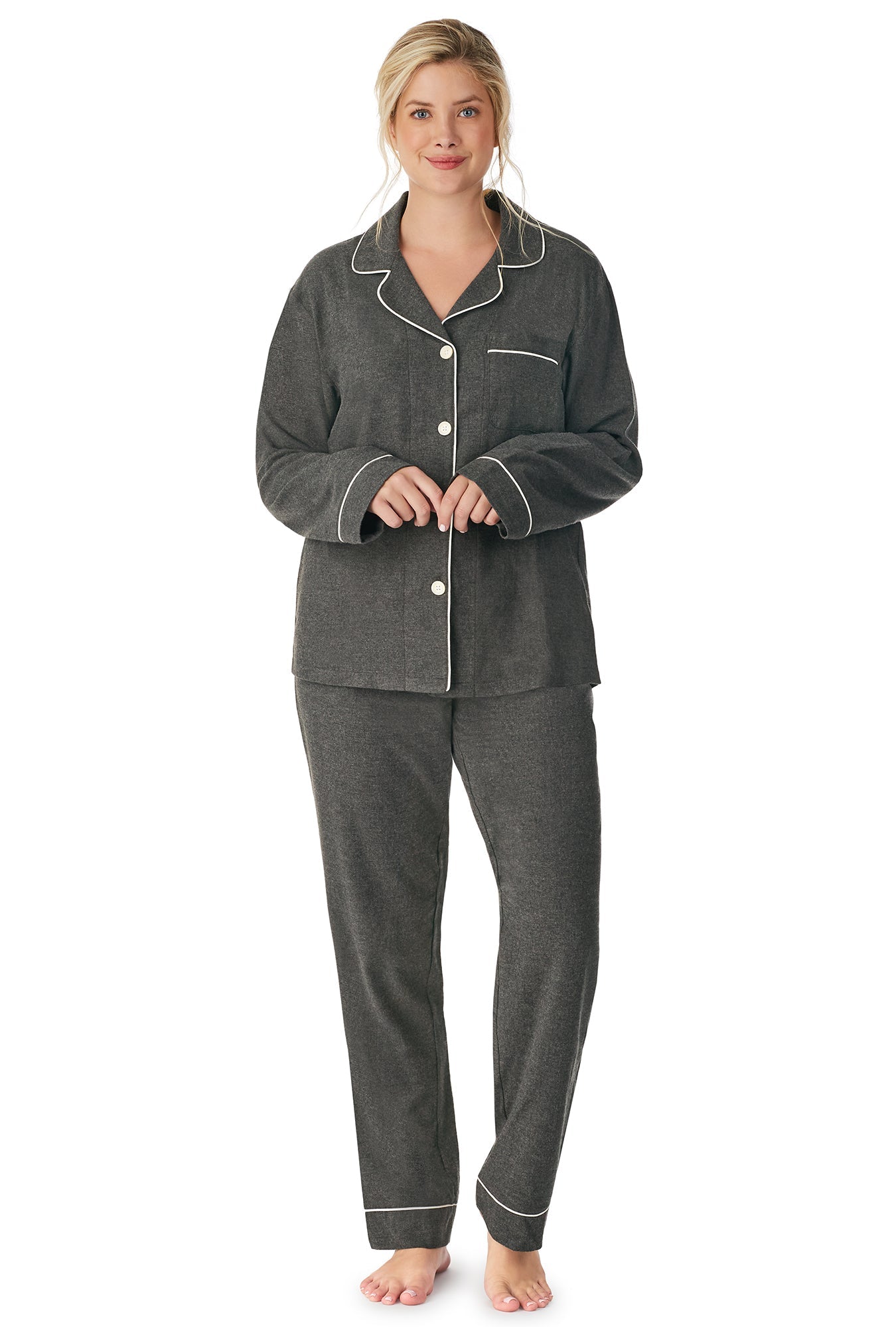 Women's Charcoal Grey Heather Long Sleeve Classic Woven Cotton Flannel PJ Set