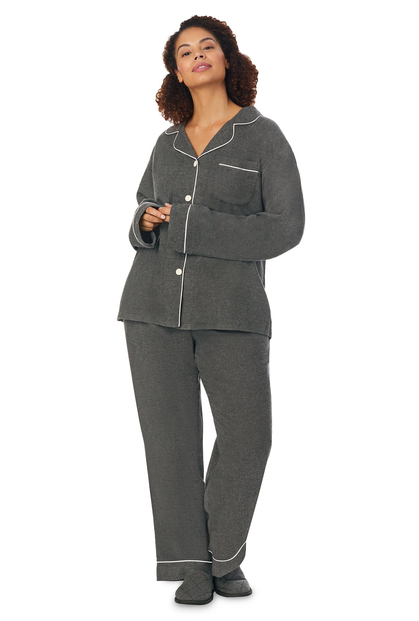 Women's Charcoal Grey Heather Long Sleeve Classic Woven Cotton Flannel PJ Set