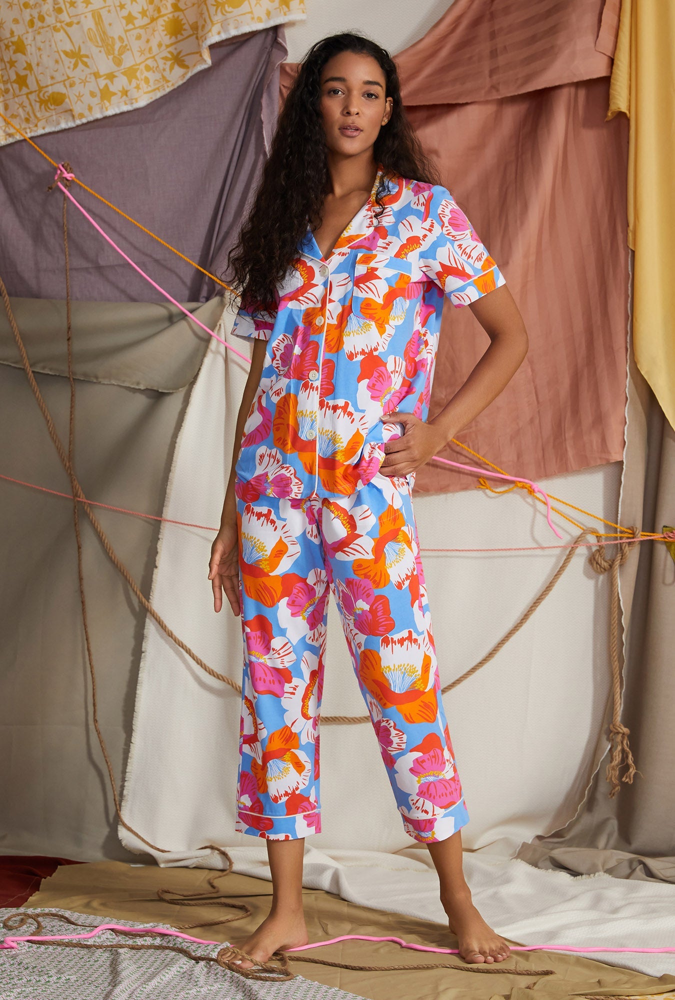 Women's BedHead x Trina Turk Morning Flowers Short Sleeve Stretch Jersey Cropped PJ Set