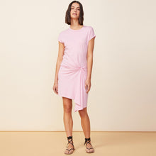 Front view of model wearing the tucked front tee shirt dress in bubblegum.