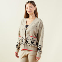 Side view of model wearing the supersoft sweater knit heart fair isle cardigan in oatmeal.