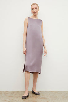 Front image of a woman wearing the Bevin Dress - Washable Silk Charmeuse in Wisteria| Grid | Exclude