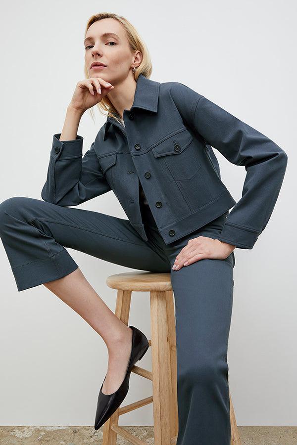 Front image of a woman wearing the Anna Jacket - Better Than Denim in Dusty Indigo | Grid | Exclude