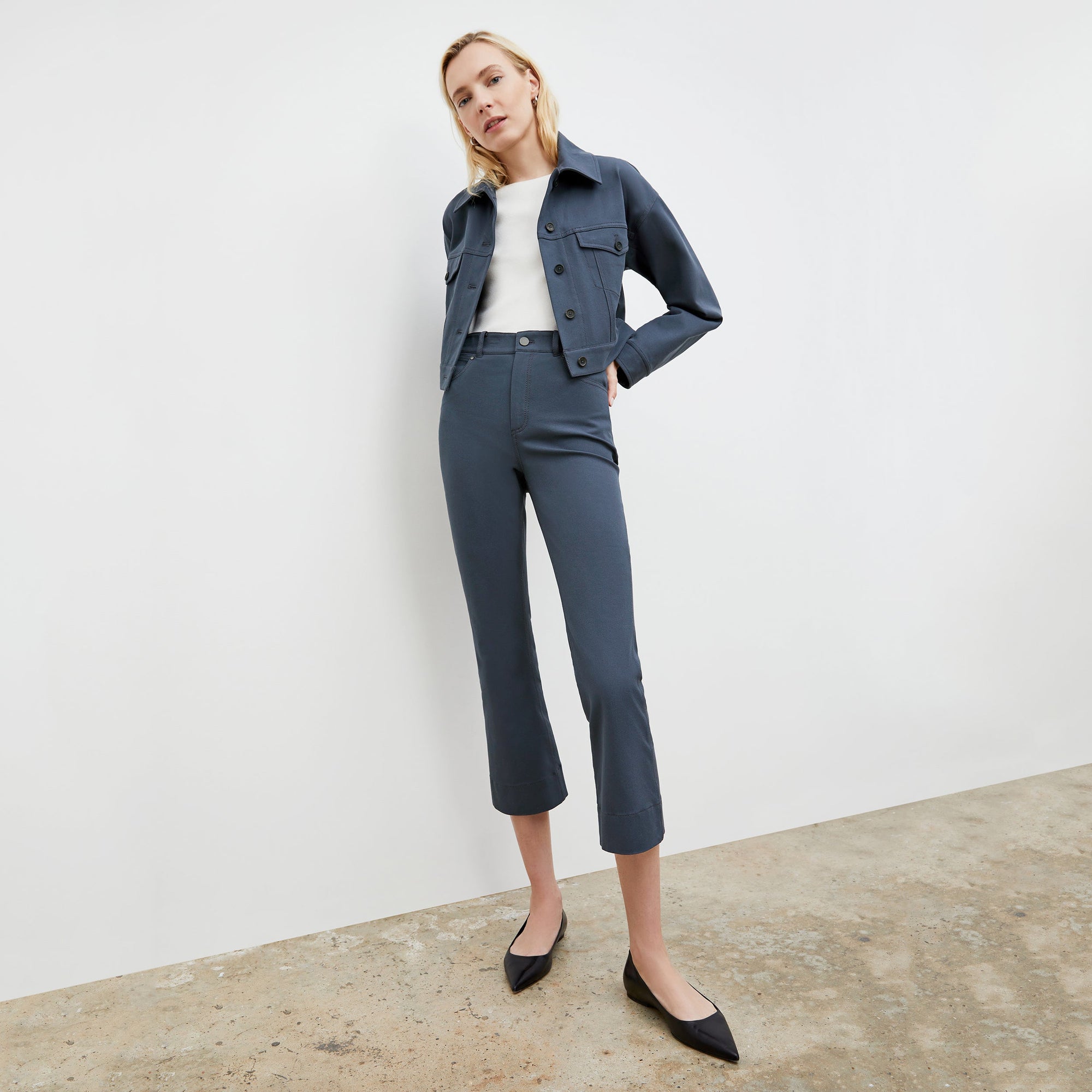 Front image of a woman wearing the Anna Jacket - Better Than Denim in Dusty Indigo