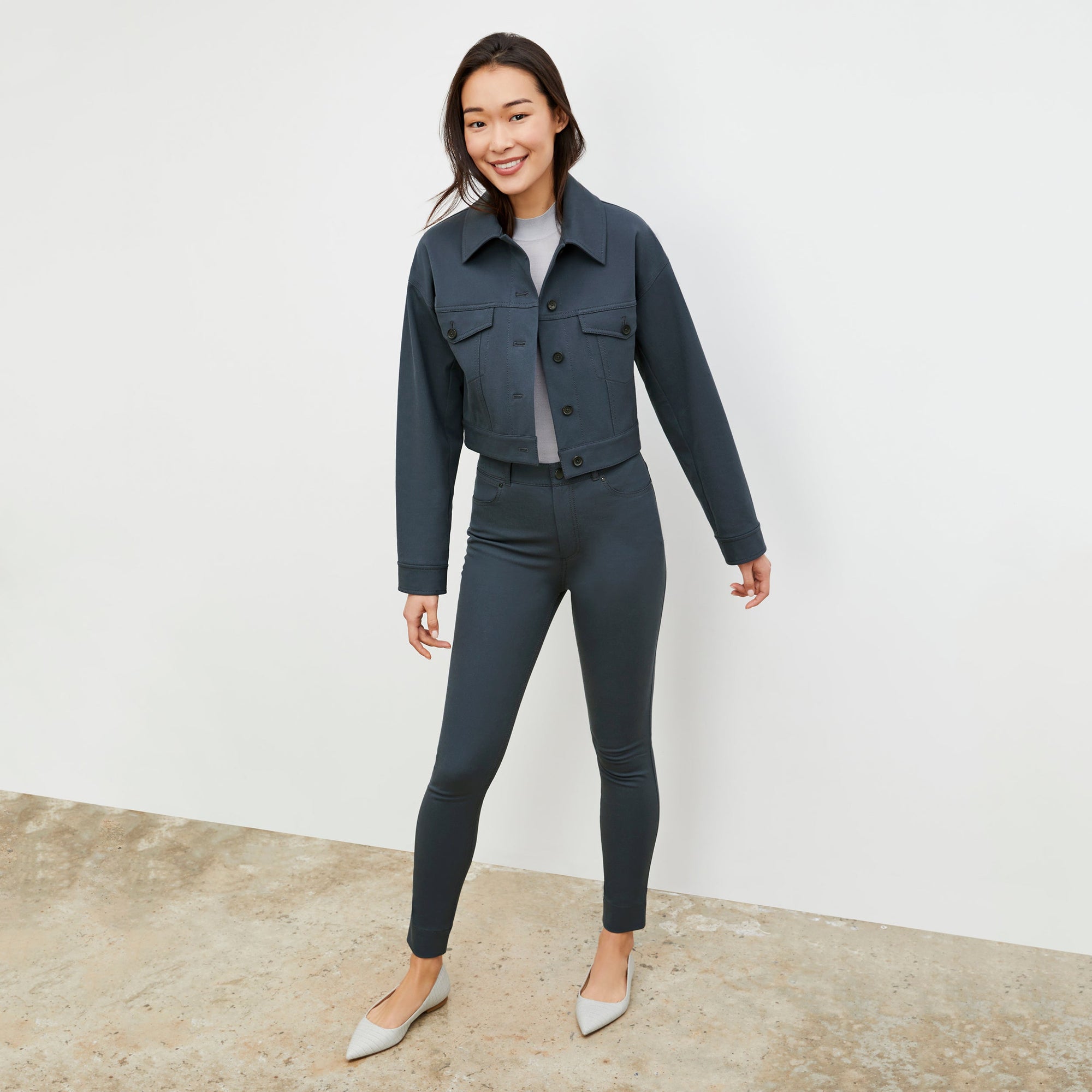 Front image of a woman wearing the Anna Jacket - Better Than Denim in Dusty Indigo