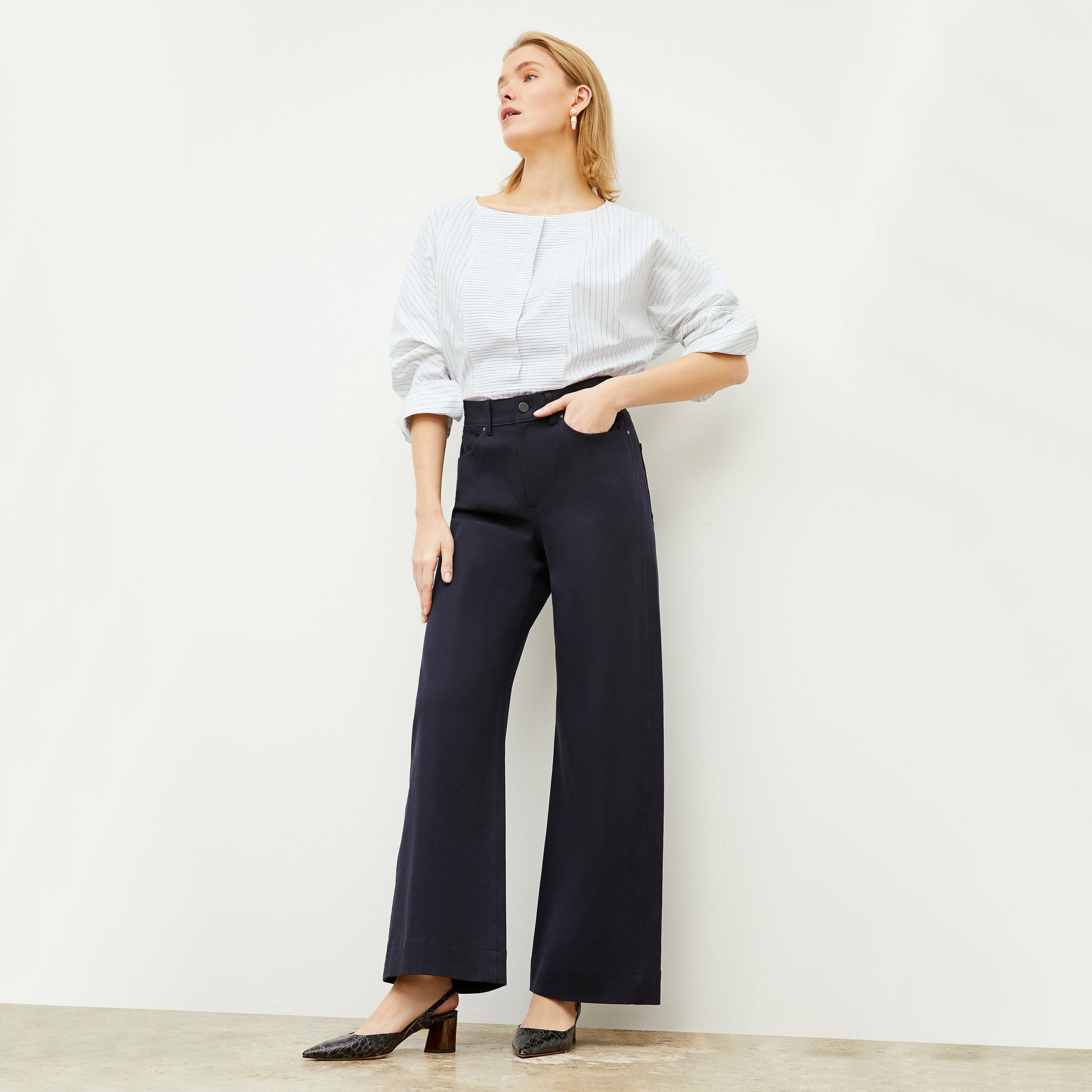 Image of a woman wearing the Chiara Top in Blue / Ivory