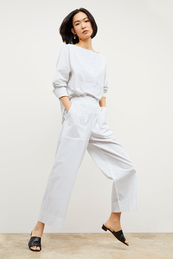 Image of a woman wearing the Chiara Top in Blue / Ivory | Exclude