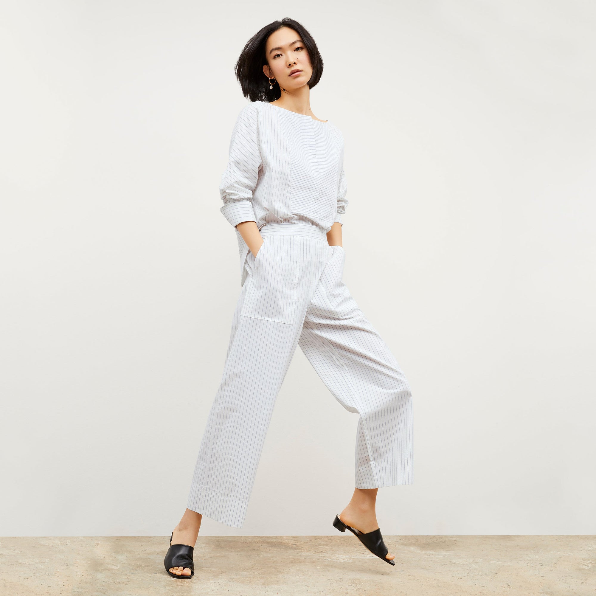Image of a woman wearing the Chiara Top in Blue / Ivory