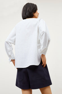 Image of a woman wearing the Chiara Top in Blue / Ivory | Exclude